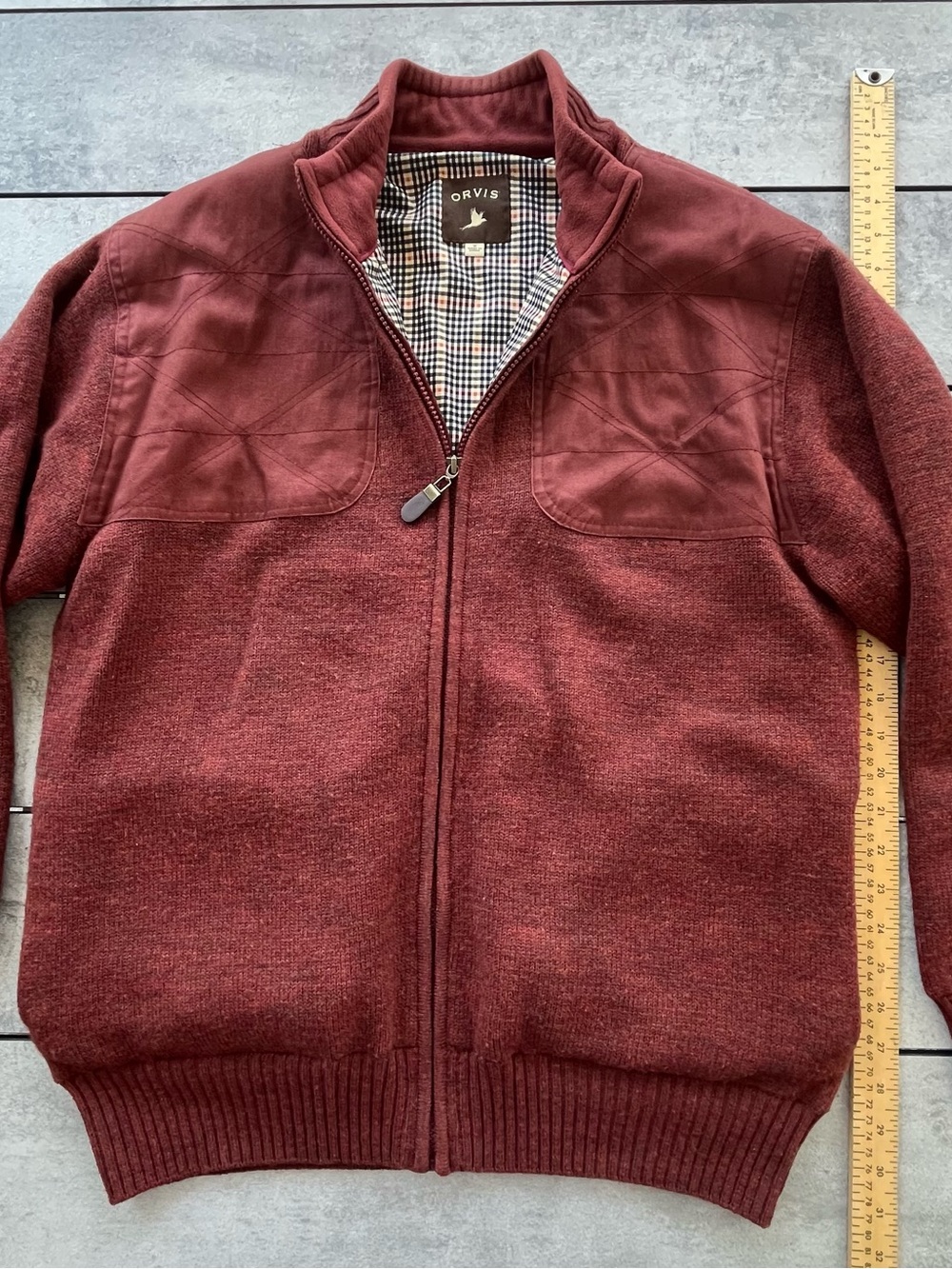 Orvis All Wool Full Zip Shoulder Patches Sweater Jacket Fall Orange Lined Fleece